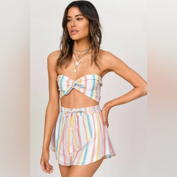 Tobi Other - Women’s TOBI I Want It Crop Top Bandeau And Shorts Rainbow Stripe Two Piece Set